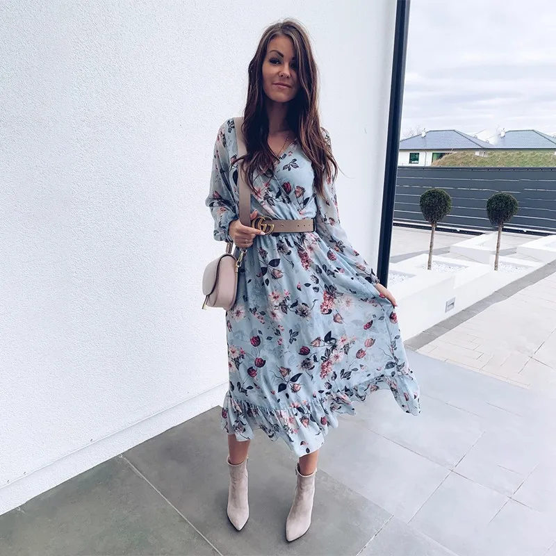 

BEFORW 2021 Blue Long Sleeve Women Boho Dress Floral Print Chiffon Dresses Ruffles Female Summer Holiday Casual Dress Vestidos