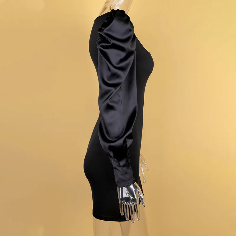 

Fashion Black Patchwork Dress Square Collar High Waist Bag Hip Tight Long Sleeved Solid Color A-Line Dress Party Autumn Dresses