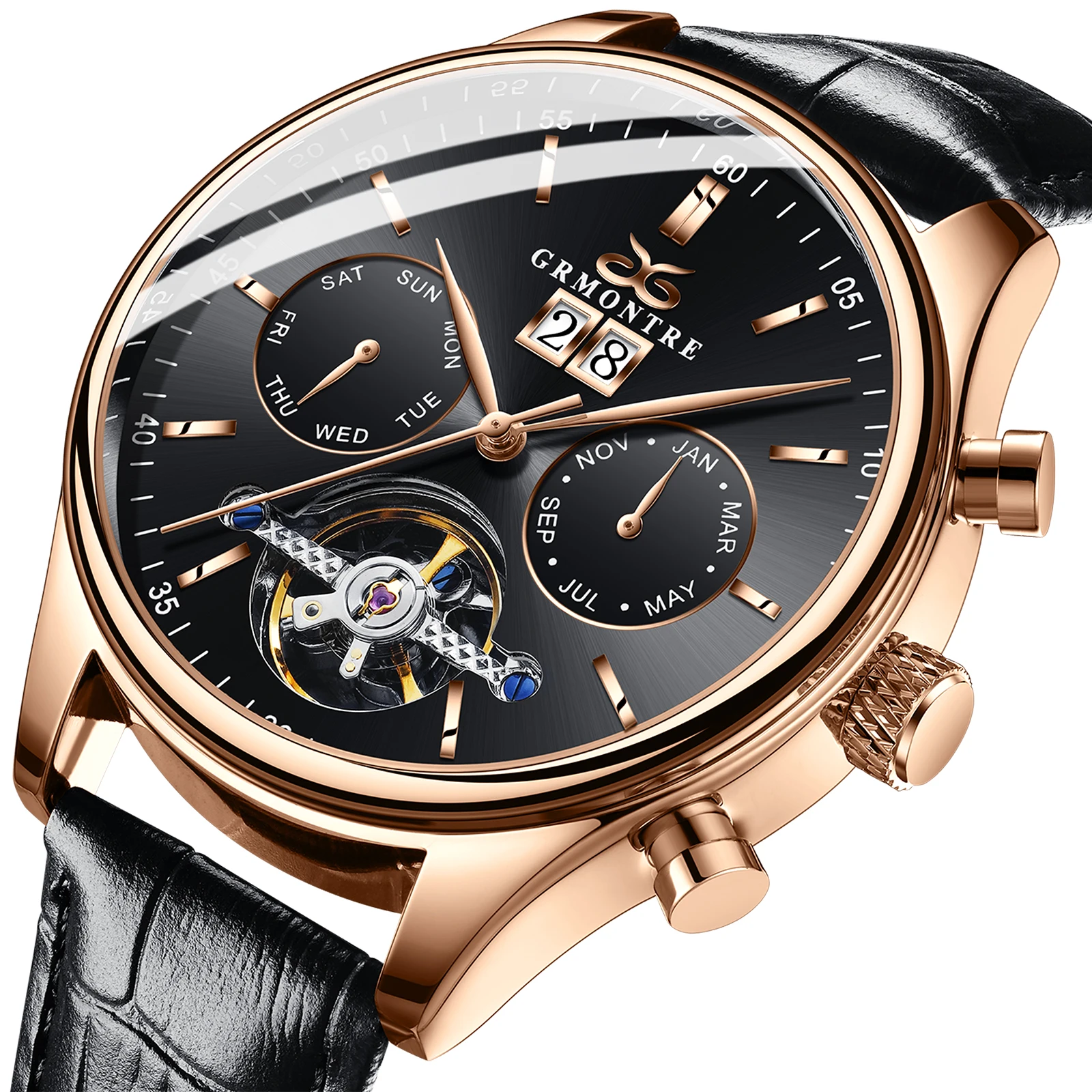 GRMONTRE Automatic Mechanical Watch Fashion Leather Waterproof Men's Watches Luxury Perpetual Calendar Reloj Hombr New 2020
