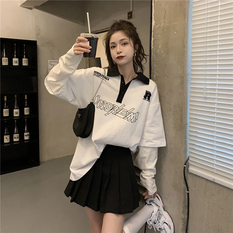 

3260 New style women's top sporty POLO shirt Korean version of retro contrast color design long-sleeved T-shirt