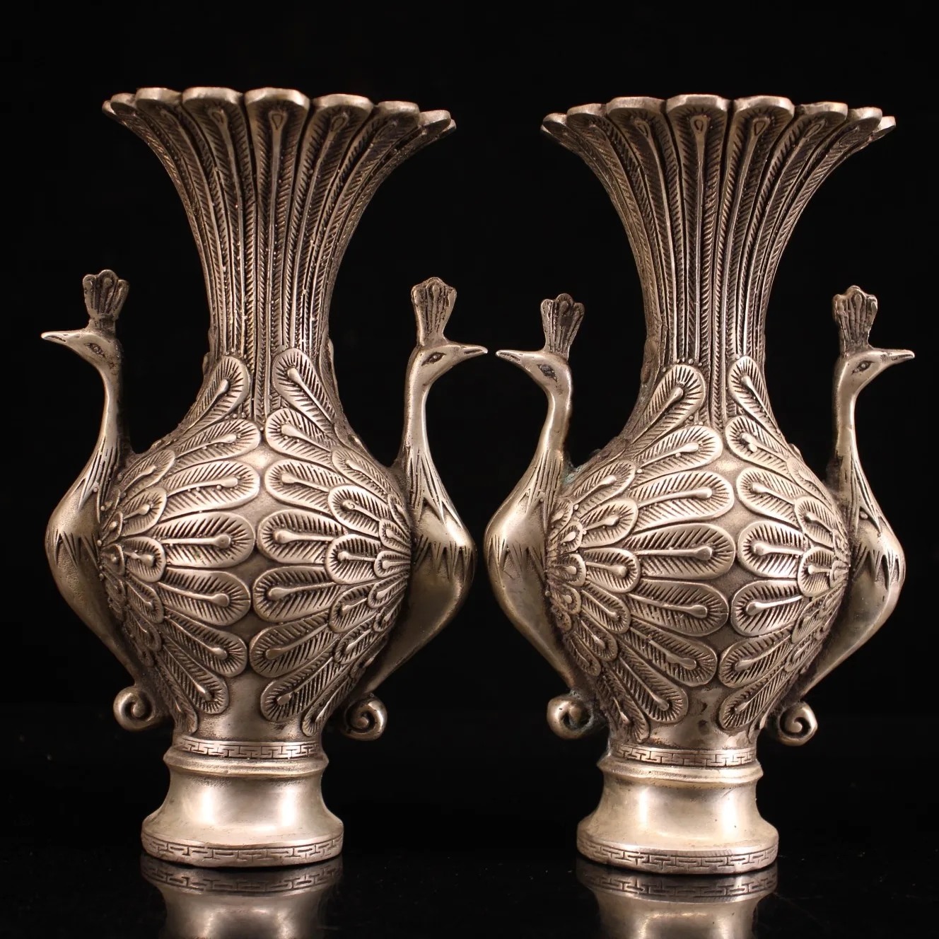 

7"Chinese temple collection Old Bronze Gilt silver Peacock statue vase A pair Open screen Office Ornaments Town House Exorcism