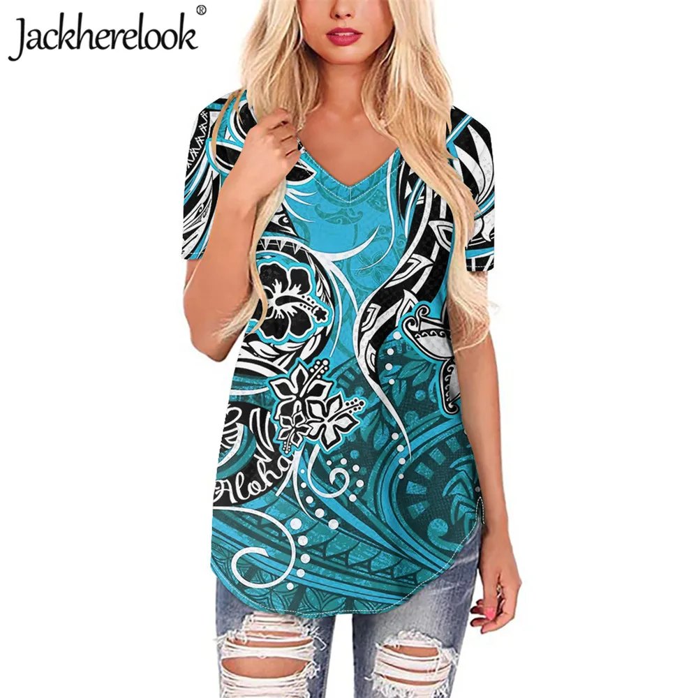 

Jackherelook Casual Women Tops Shirts Samoa Hibiscus Polynesian Tribal Brand Design Ladies Summer V-neck Blouses Plus Size 2020