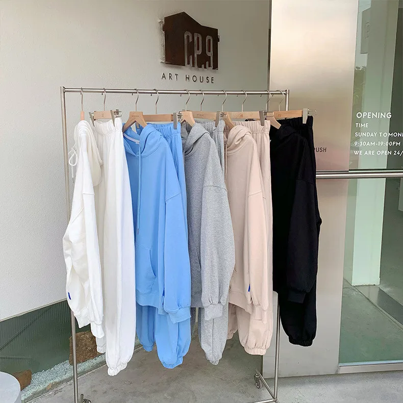 

2021 Women 2 Pieces Tracksuit Set Jogging Outfits Long Sleeve Loose Casual Hoodie and Plain High Waist Sweatpant