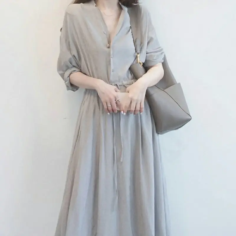 

Women's Spring Autumn Dress Women's Solid Color Button V-neck Lace Up Three Quarter Sleeve Elegant Casual Dress SS3676