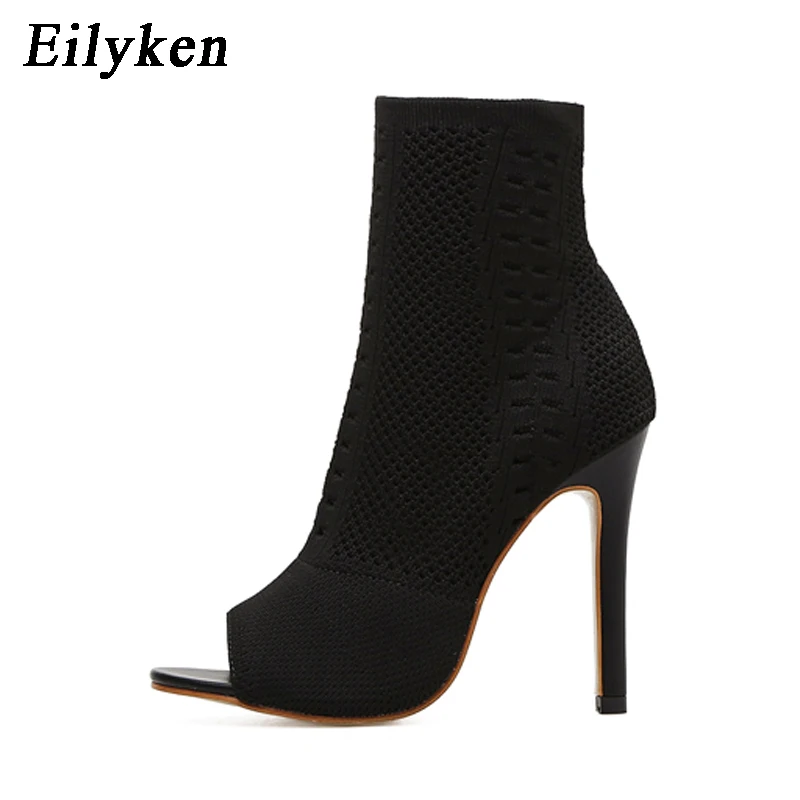 Black Eilyken/Новые дизайнерские женские ботильоны; сезон весна-осень ботинки из эластичной ткани с открытым носком пикантная женская обувь на тонком высоком каблуке с вырезами - Цвет: Black