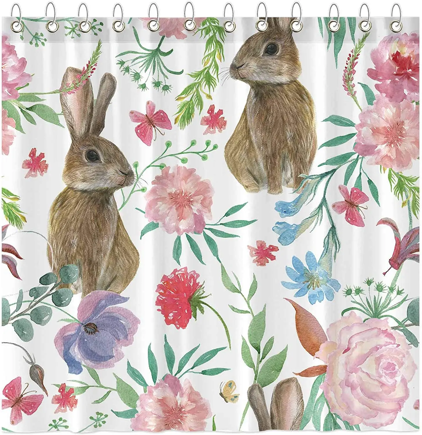 

Пасхальная шторка для душа с изображением животных, акварель, Цветочный Кролик, кролик, Бабочка, цветы, растения, листья, декор для ванной ко...