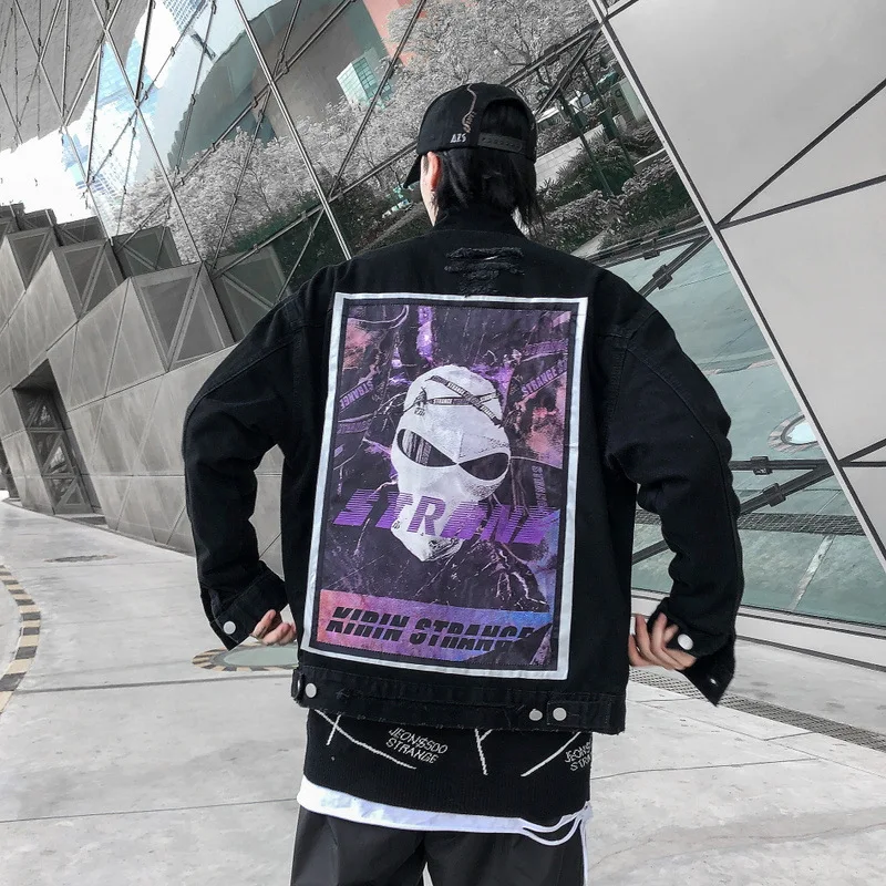 Мужские джинсовые куртки с принтом черепа пальто уличная одежда 2019 хип хоп