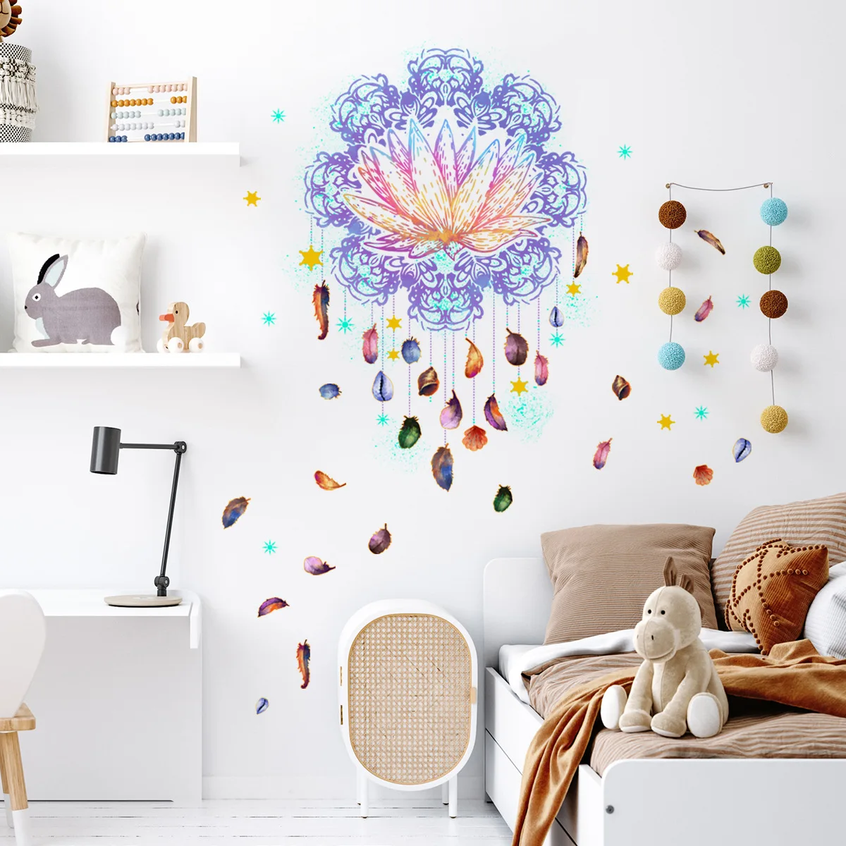 

Colorful Feather Dream Catcher Decorative Wall Stickers For Kids Bedroom Living Room Wall Decals Vinyl DIY Murals Home Decor