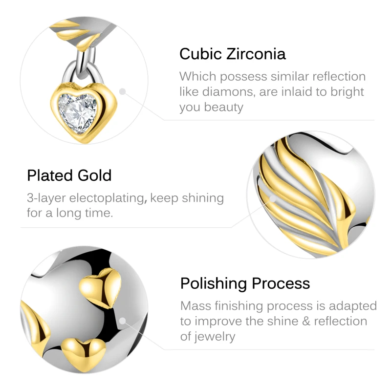 LYNACCS Feather Wings and Heart-shaped Lock Charms Gold-plated CZ Beads for Jewelry Making DIY Bracelet Valentine's Day Gifts |