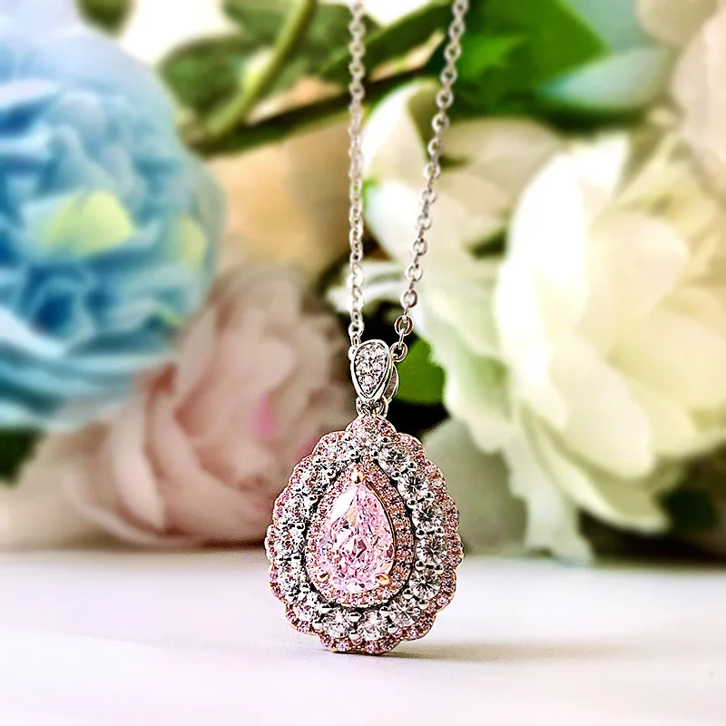 

Женский кулон в виде капли воды, ожерелье из серебра 925 пробы с искусственным муассанитом и розовым кристаллом циркония, Ювелирное Украшени...