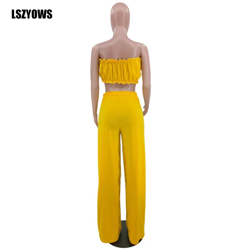 

Yellow Sexy Two Piece Set Women Party Outfits Summer Strapless Crop Tops Drawstring Wide Leg Pants Casual 2 Pieces Matching Sets