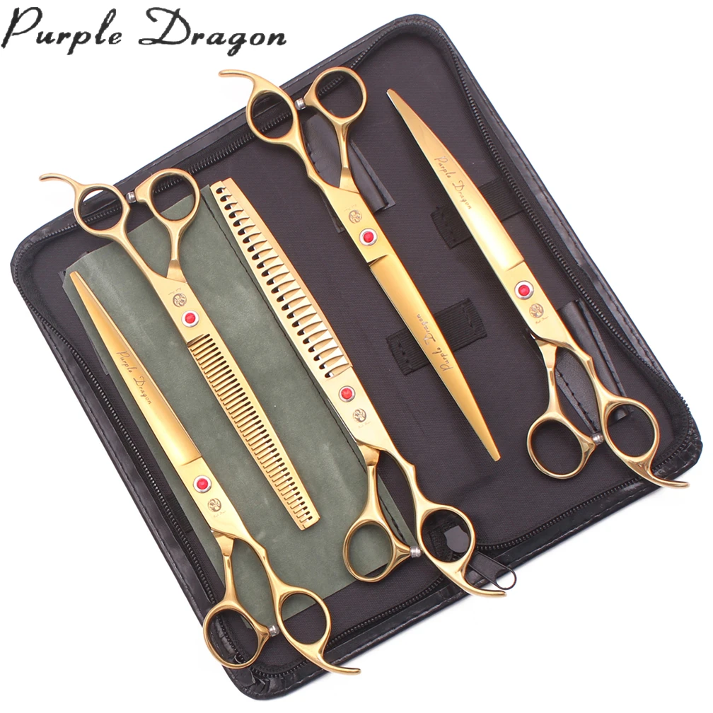 Purple Dragon 8" Dog Scissors Kit Pro Gold Japan Stainless Pet Curved Scissors Cat Chunker Dog Thinning Scissors Add Case Z3015