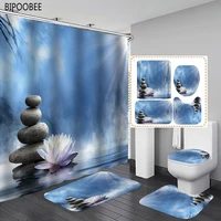 Lotus Printed Bathroom Curtains Zen Stone Fabric Shower Curtain Set Bath Mats Rugs Flannel Toilet Cover Pedestal Non-slip Carpet