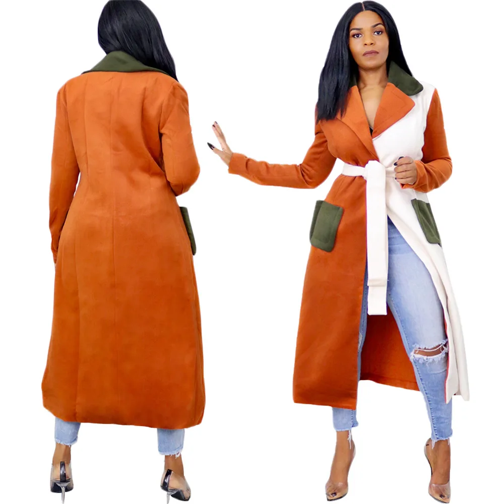 

Color Blocking Patchwork Long Trench Coat Autumn Winter Clothing for Women Turn Down Collar Long Sleeve Pockets Sashes Outwears