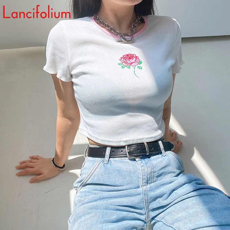 

Sexy Crop Top Women Summer Knit Ribbed Flower Graphic T Shirt Baddie Egirl Y2k Cute Cropped Tee Shirt Ladies 2020 Top Harajuku