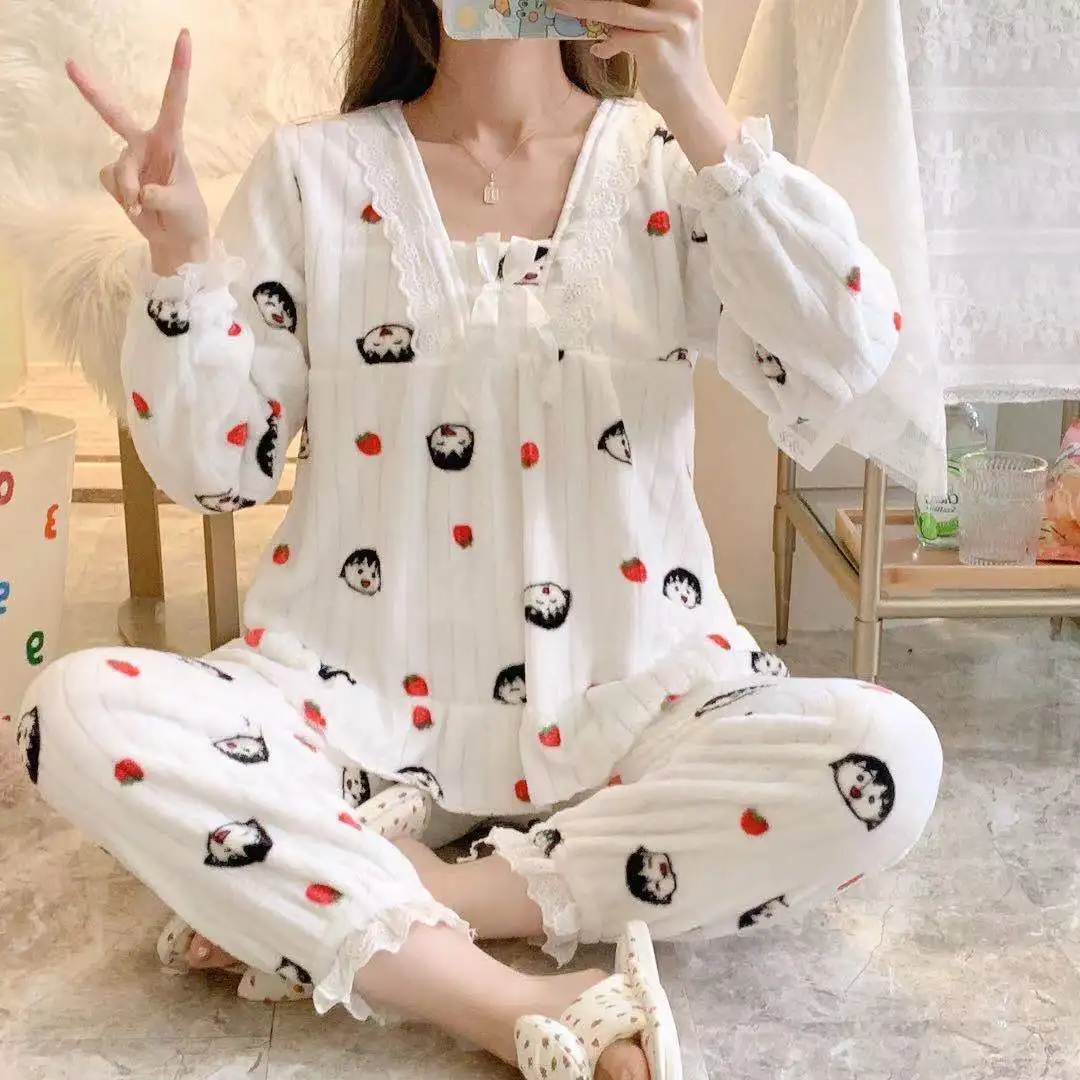 Qiu Dong Season Hot Style Coral Fleece Pajamas Women More Winter Wool Flannel Princess Wind Sweet Household to Take