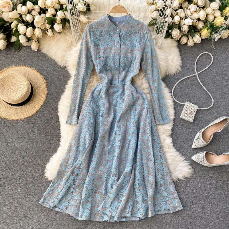 

Spring 2021 New French Retro Elegant Party Vestidos Women's Lace Crocheted Long Midi Dresses