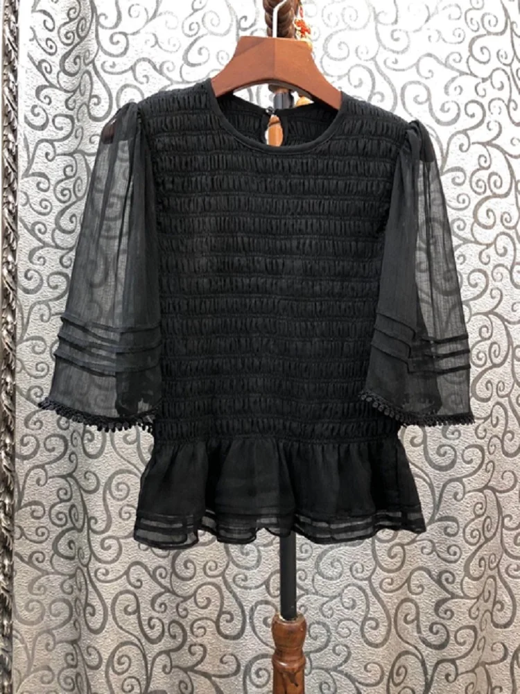 

2020 Summer Fashion Tops High Quality Women Sexy Sheer Sleeve Ruffle Patchwork Casual White Black Basic Top Elastic Blouse Shirt