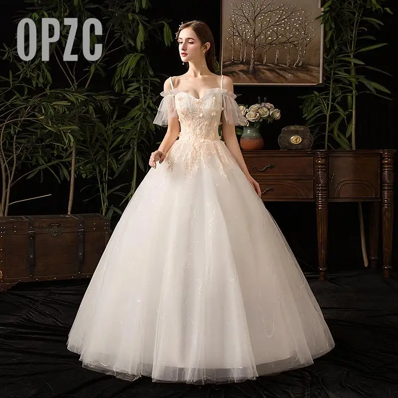 Дешевые свадебные бальные платья на тонких бретельках кремовый Тюль размера