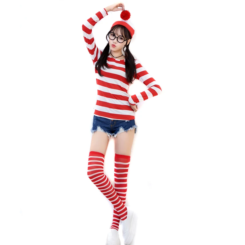 

Plus size Where's Wally Waldo TV Cartoon Stag Night Outfit Adult woman Red Stripe Fancy Dress Halloween Costume