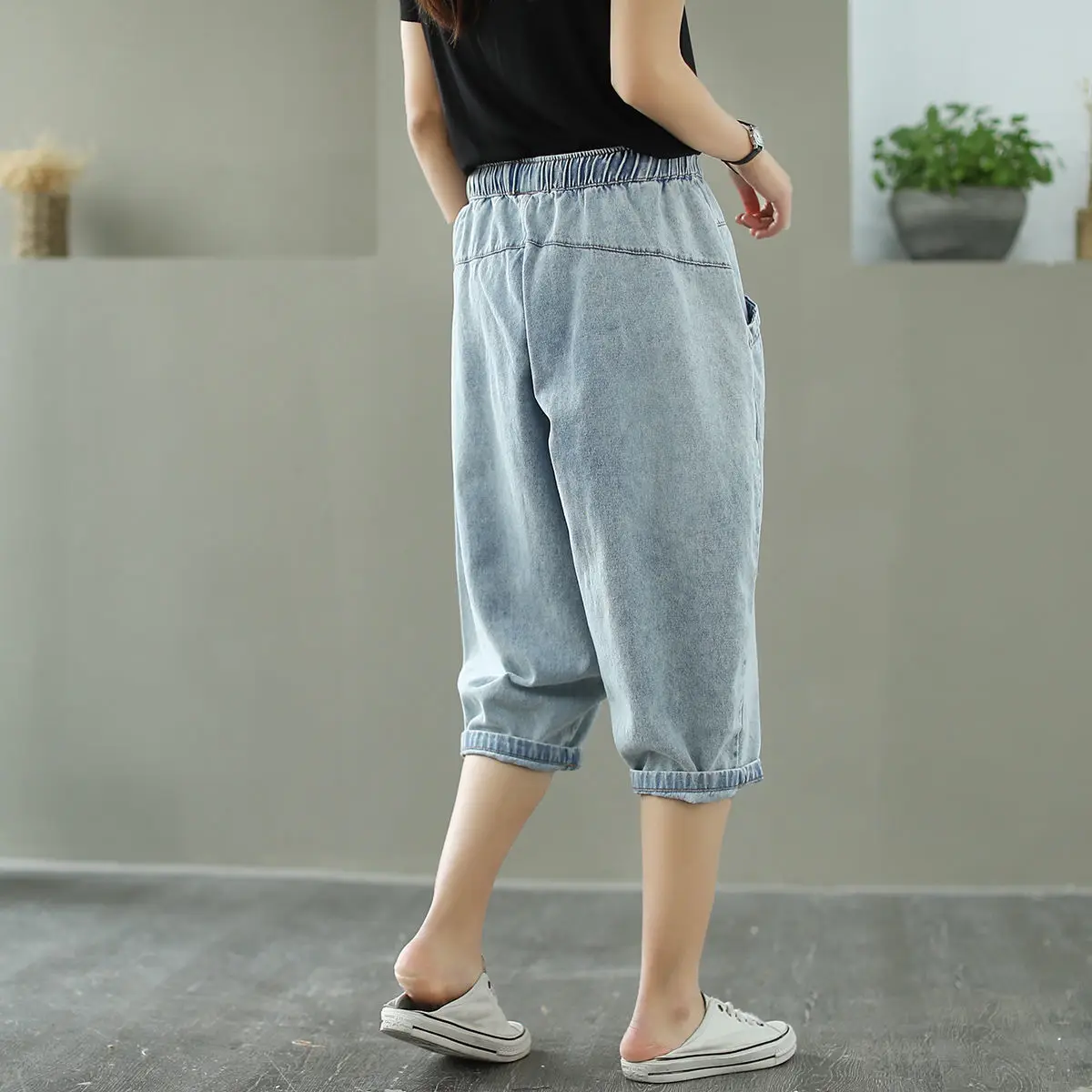 

Denim Capris 2021 Summer New Large Women's Elastic Waist Daddy Pants Casual Versatile Harem Pants