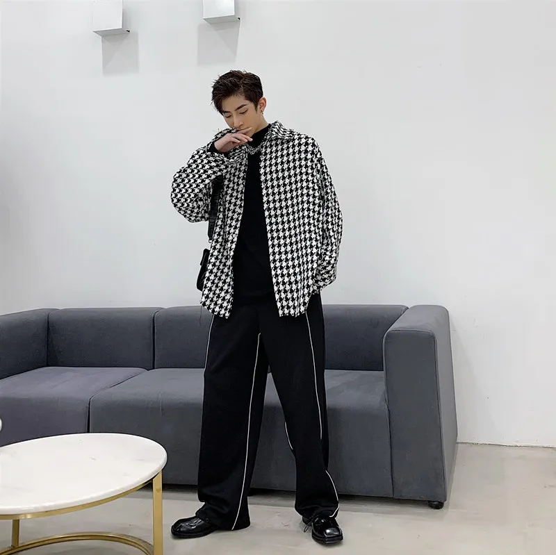 

Men Vintage Streetwear Weave Loose Black White Tassel Plaid Casual Shirt Coat Male Women Fashion Hip Hop Thick Shirt Outerwear