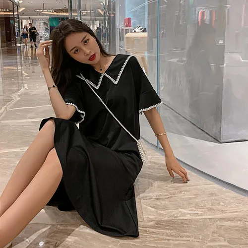 Летнее свободное Черное женское платье с коротким рукавом большие размеры