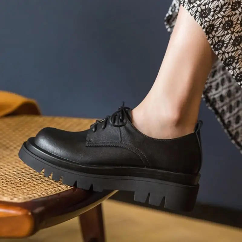 

Rizabina Women Real Leather Pumps Round Toe Thick Bottom Cross Strap Shoes Solid Color School Style Ladies Footwear Size 34-39