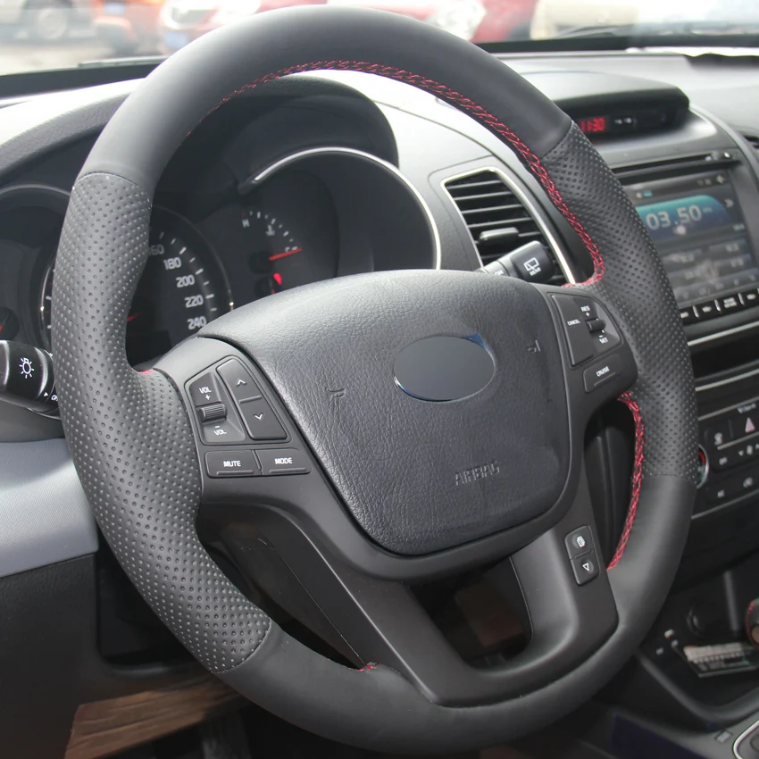 

Для Kia Sorento 2009-2014 Kia Cadenza K7 2011-2015 черная кожаная мужская прошитая вручную чехол рулевого колеса автомобиля безопасный нескользящий
