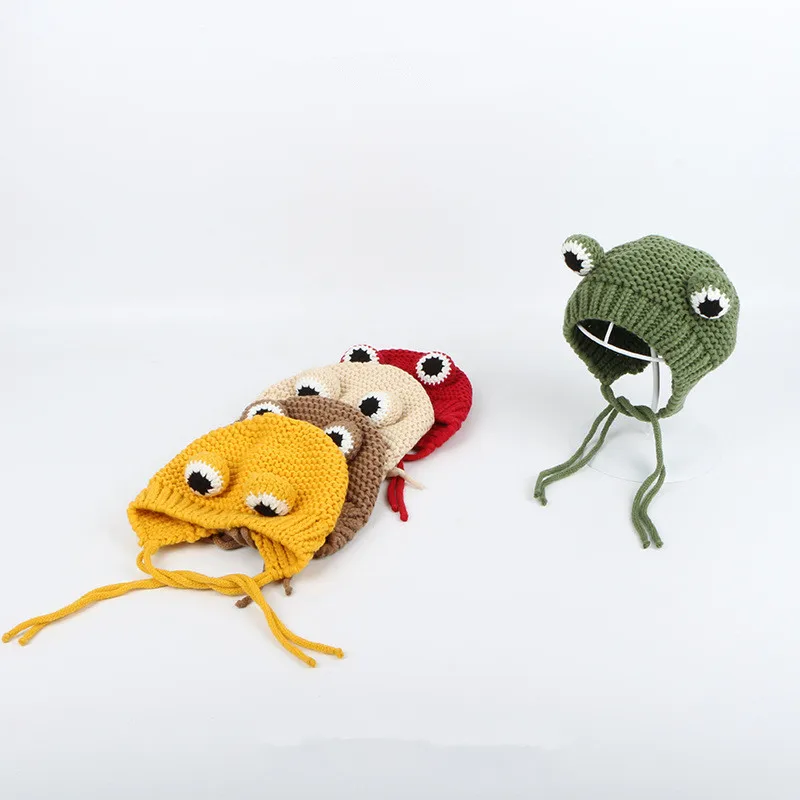 Однотонная трикотажная шапка с мультяшной лягушкой 2019 зимняя теплая шапочки