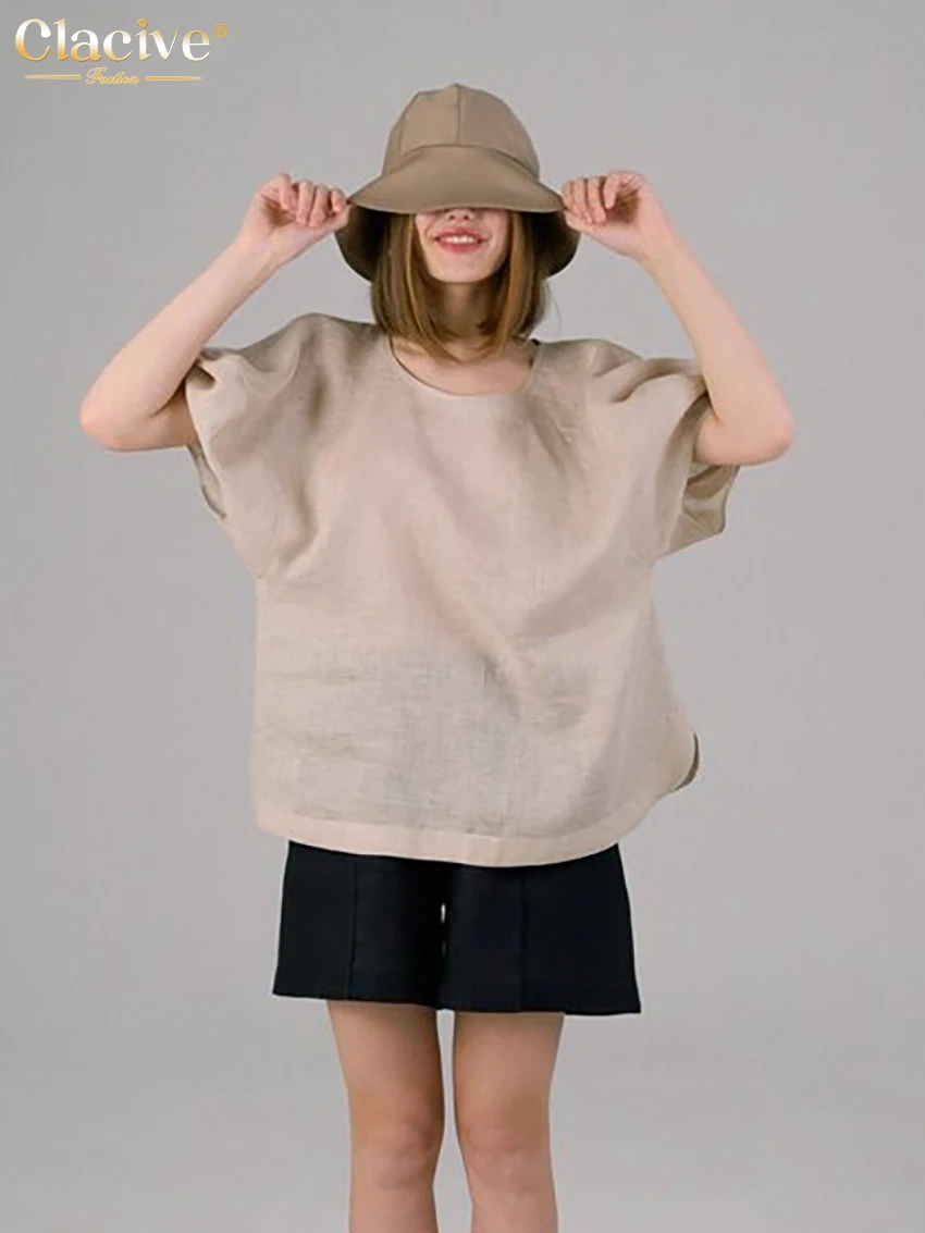 

Clacive Summer O-neck Linen Women's T-shirt Casual Loose Short Sleeve T-shirts Streetwear Vintage Khaki Female Clothing 2022