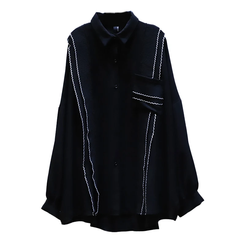 

IEQJ 2021 solid color splicing vertical stripe loose large lapel Chiffon shirt for women casual new fashion tide GD1052