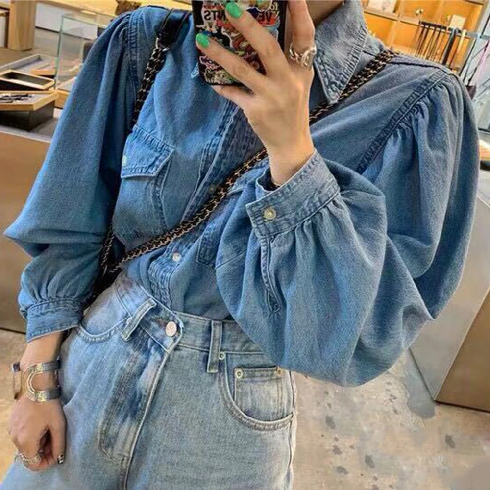CALOFE 2020 Autumn Fashion Women Jeans Shirt Chic Puff Sleeve Loose Denim Long-sleeved Coat Hot Girls Casual Outwear |