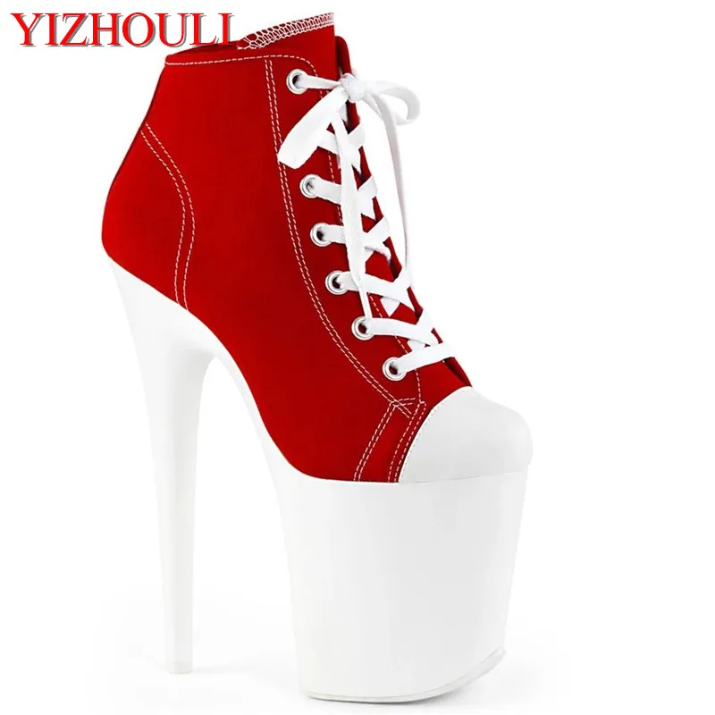 6-8 inches, sexy ankle boots, women's high heels, 17-20cm canvas upper pole dance, banquet show boots