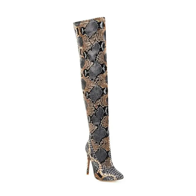 Buono Scarpe/женские ботфорты до бедра с животным принтом пикантные ботфорты на выпускной со змеиным принтом; Botas Mujer; высокие сапоги на тонком высоком каблуке;