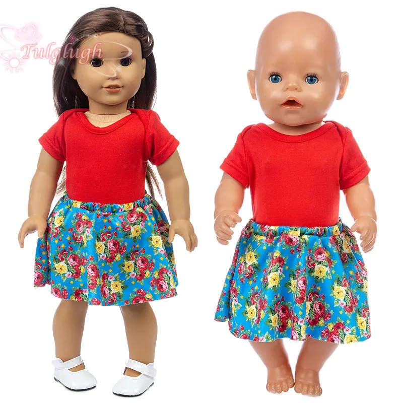 Красный цельный костюм с цветочной юбкой подходит для кукол новорожденных 18