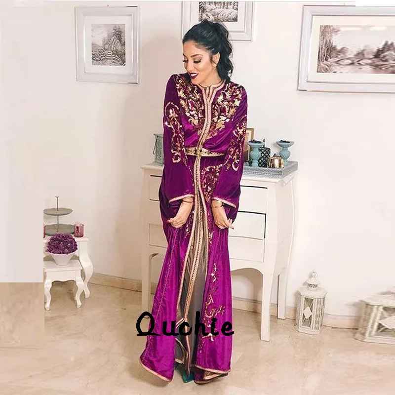 

Fuchsia Moroccan Kaftan Evening Dresses Golden Appliques Beaded Belt Arabic Muslim Special Occasion Formal Party Gown