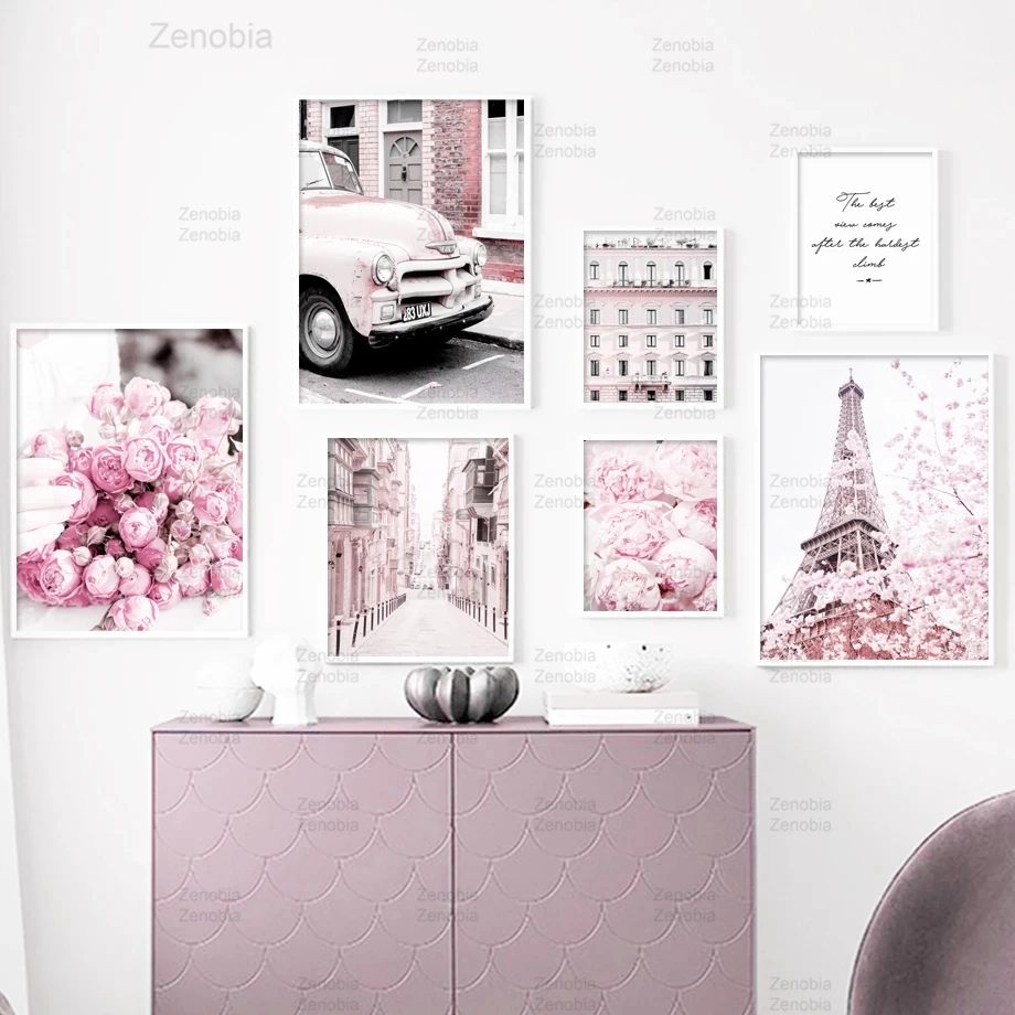 Розовая башня Парижа улица пион цветы домашний декор настенная Картина на холсте