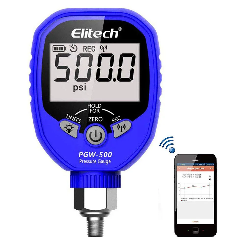 

Elitech PGW-500 Wireless Digital Pressure Gauge Temperature App Alerts for HVAC System IP65 Waterproof -14.5~500 PSI 1/8'' NPT