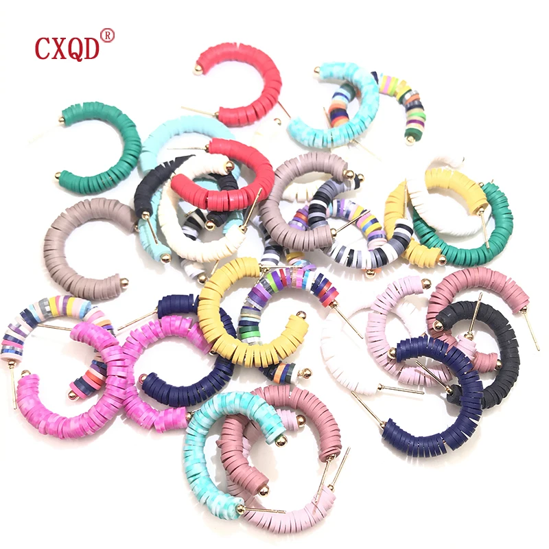 

CXQD 2 Pairs Europe and the United States Diameter 2.9cm Bohemian simple C Shape earrings colorful mixed soft clay Fine Jewelry