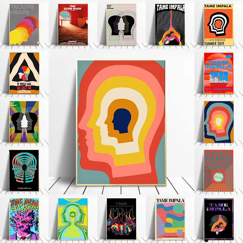 

Tame Impala At Glastonbury Gig Canvas Posters Retro Abstract Geometry Painting Colorful Head Wall Pictures for Living Room Decor