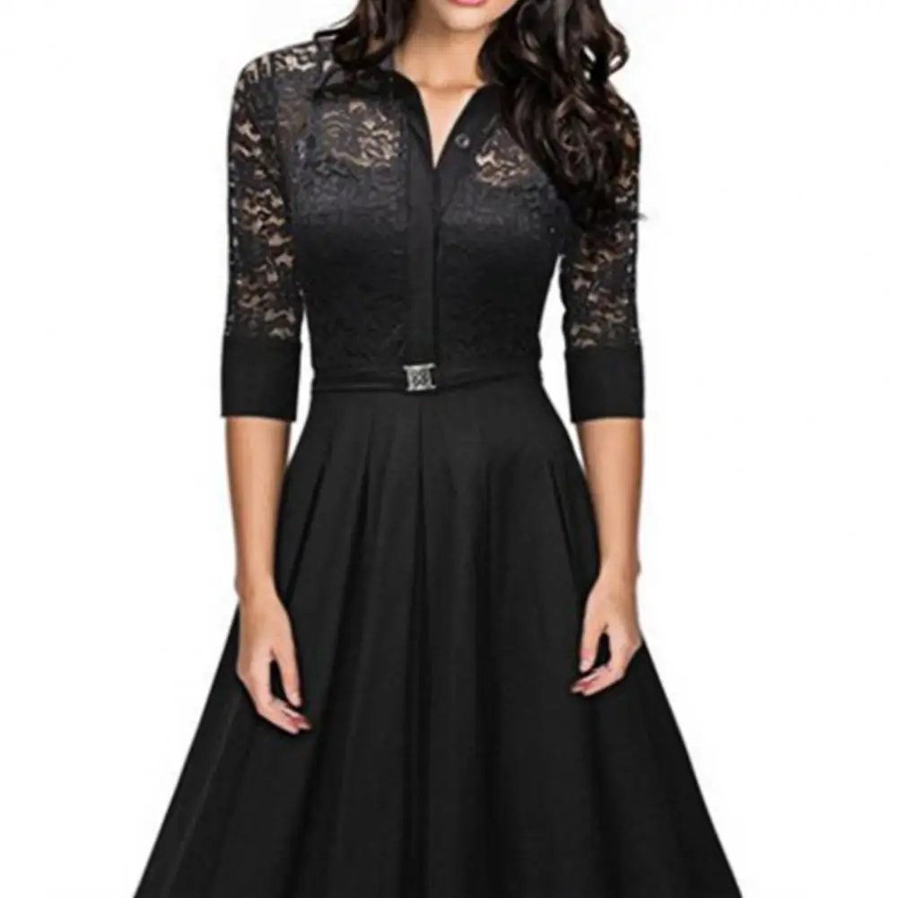 

A Line Elegant Women Dress V-Collar Polyester Elegant Romantic Pullover Female Dress Party Supplies Black XXXL