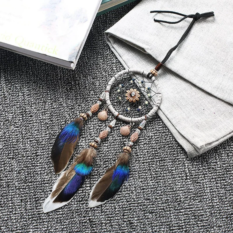 

Mini Car Dream Catcher Beaded Natural Feathers Handcraft Chic Hanging Ornaments Mirror Room Bedroom Wall Decor