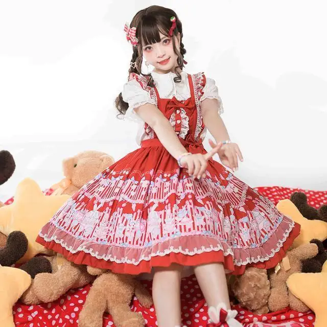 

Японский симпатичный Kawaii АО Лолита Кролик сладкий чай вечерние платье летнее платье без рукавов, кружевное платье принцессы с бантом Чай Ве...