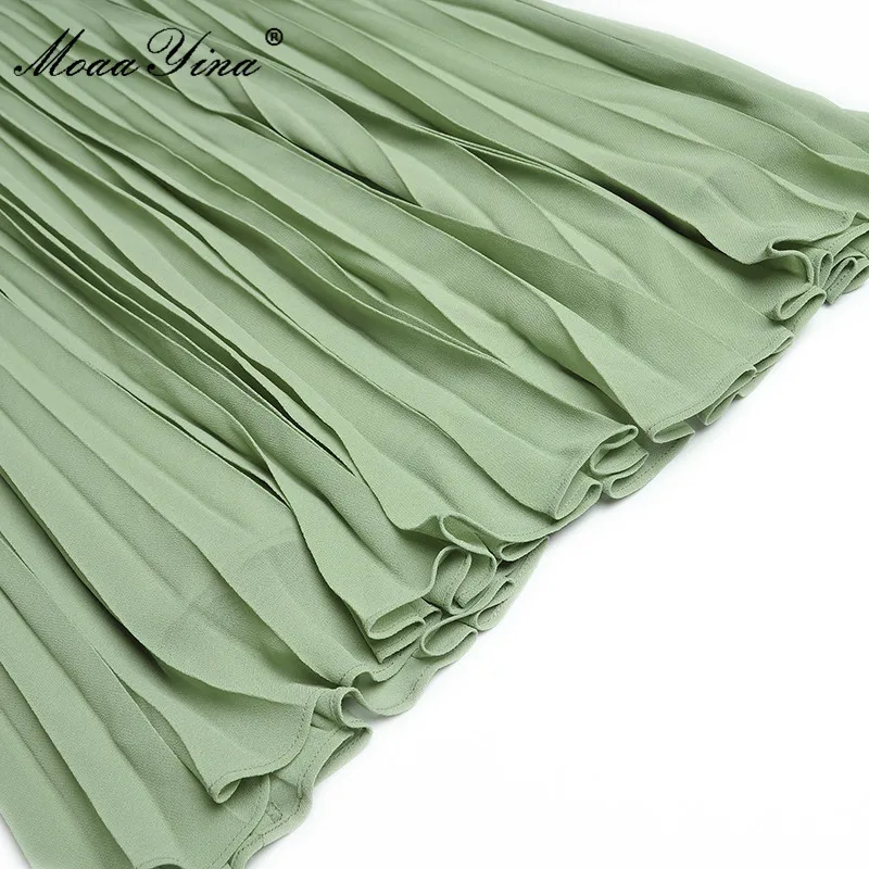 

MoaaYina Fashion Runway Summer Green Dress Women's O-neck Butterfly Sleeve Splicing Embroidered Pleated Elegant Party Dress