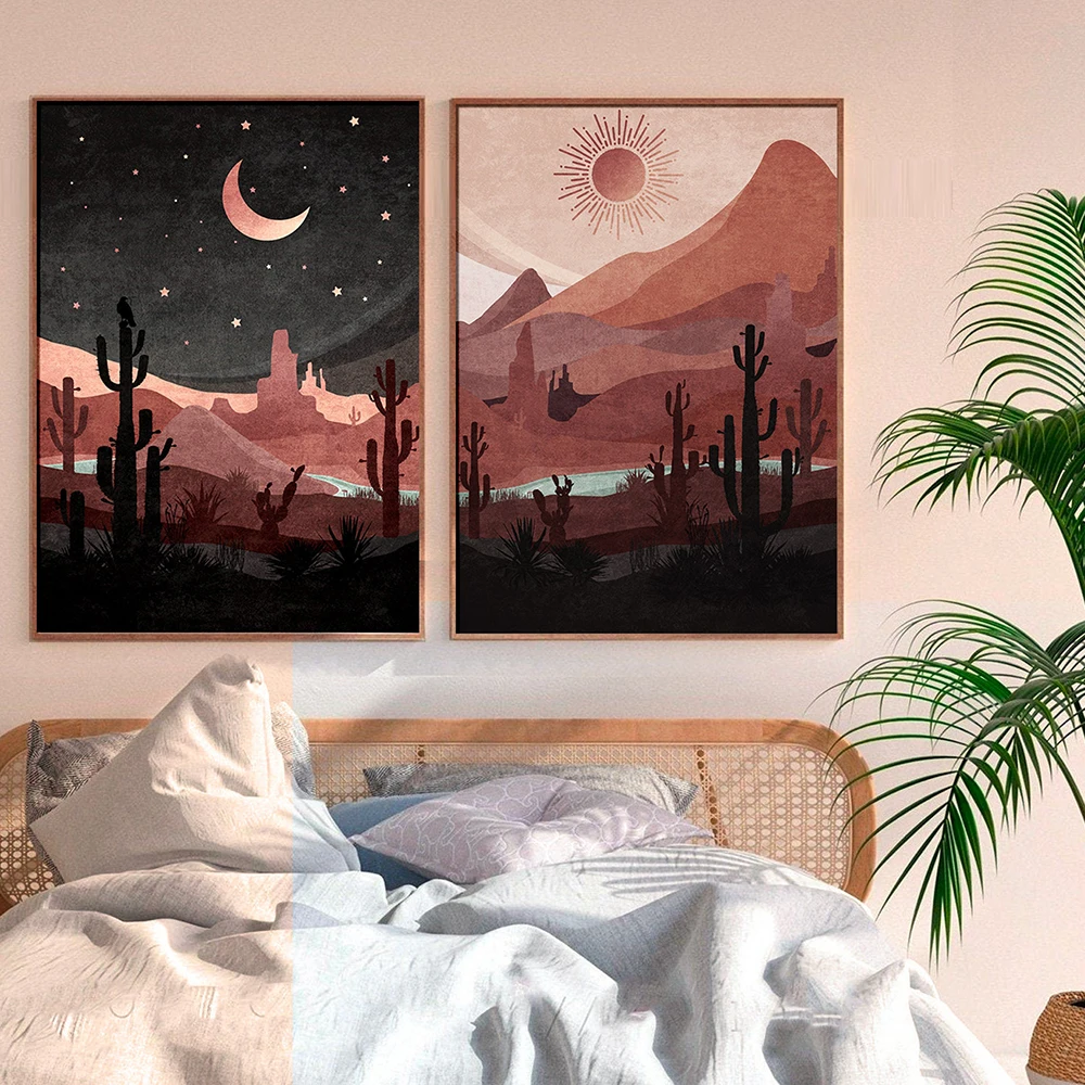 Постер в стиле бохо настенная Картина на холсте с изображением дня и ночи пейзажа