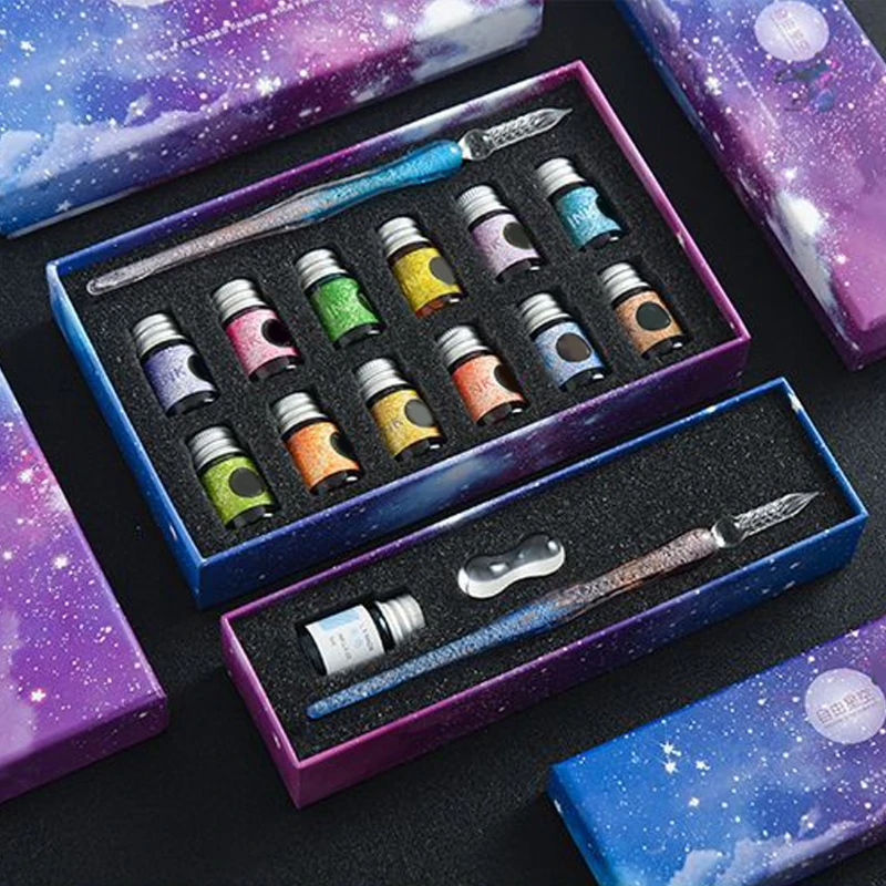 1 Набор Planet Theme Dip Pen 4 цвета набор чернил стеклянная ручка Канцелярия для учеников