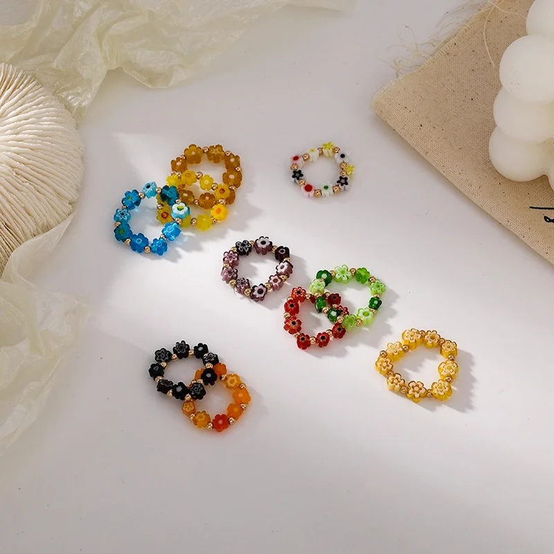 

VSnow Sweet Vintage Arcylic Handmade Multicolor Flower Ring for Women Korean Fashion Braided Beaded Elasticity Ring Jewelry Hot