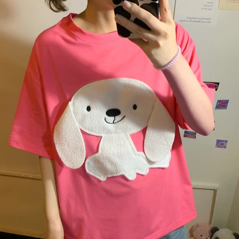 Oversized Short Sleeve Women'S T-Shirt 2021 Summer Dog Embroidery Top Female Fashion Clothes For Girls Camisetas
