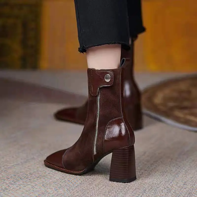 

Retro Stitching All-match High-heeled Soft Leather Short Boots Women's Shoes 2021 New Thick-heeled Martin Boots Thin Thin Boots